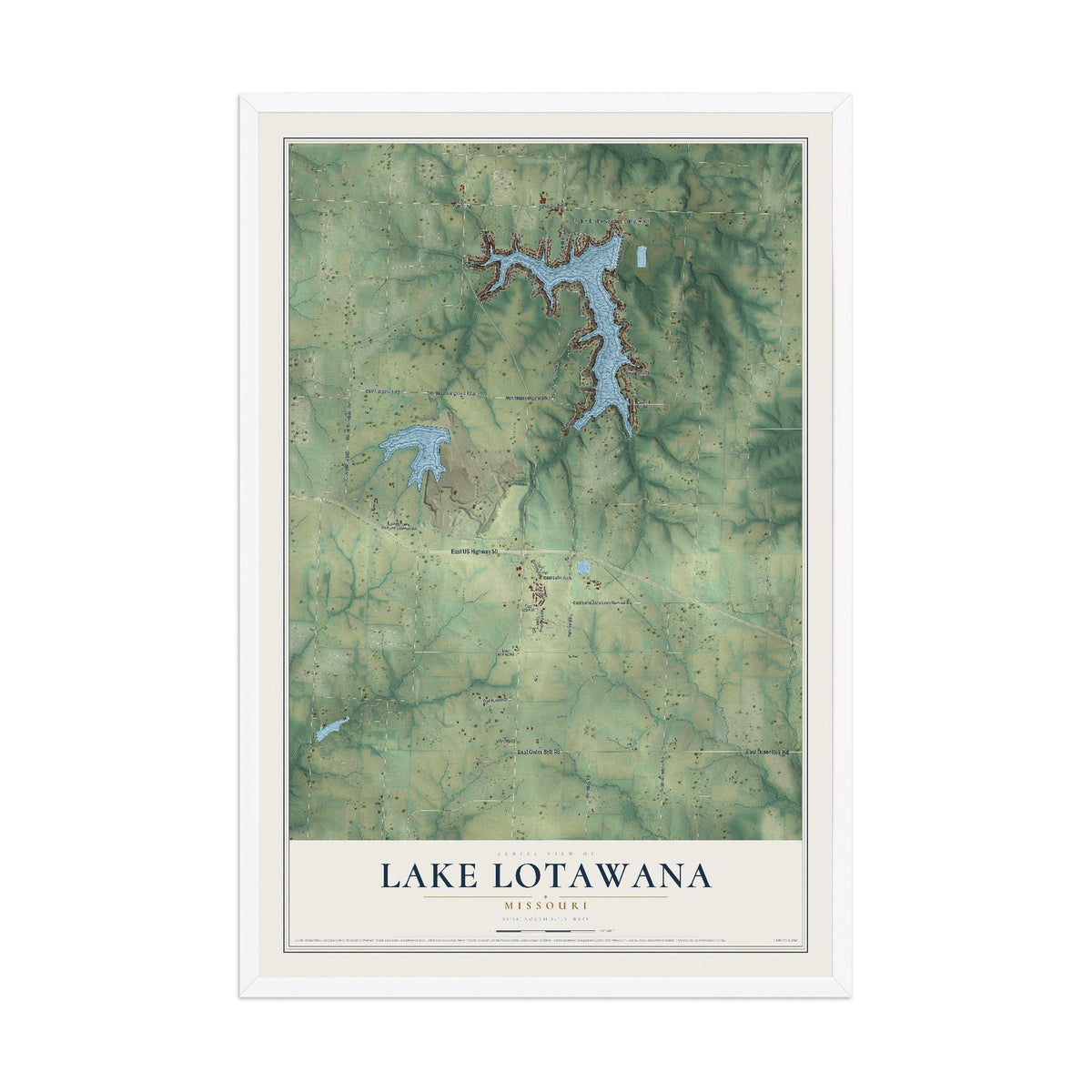 Map of Lake Lotawana, Missouri, 12 x 18 inch print in a white wood frame