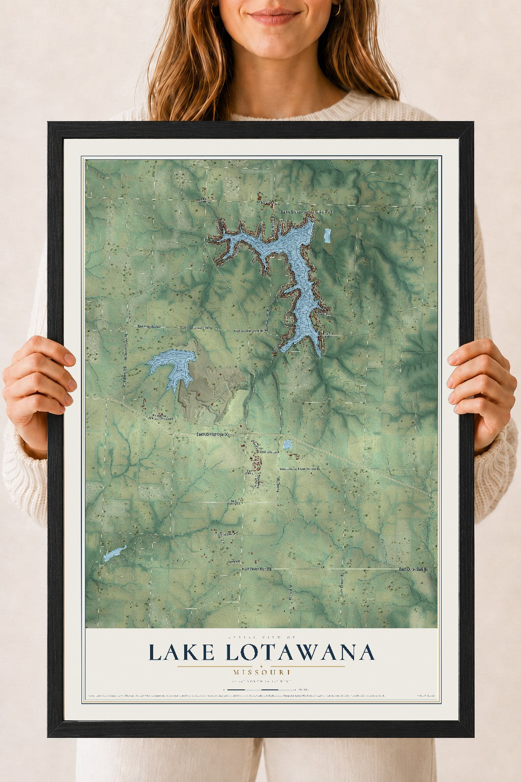 Map of Lake Lotawana, Missouri, 18 x 24 inch print in a black wood frame