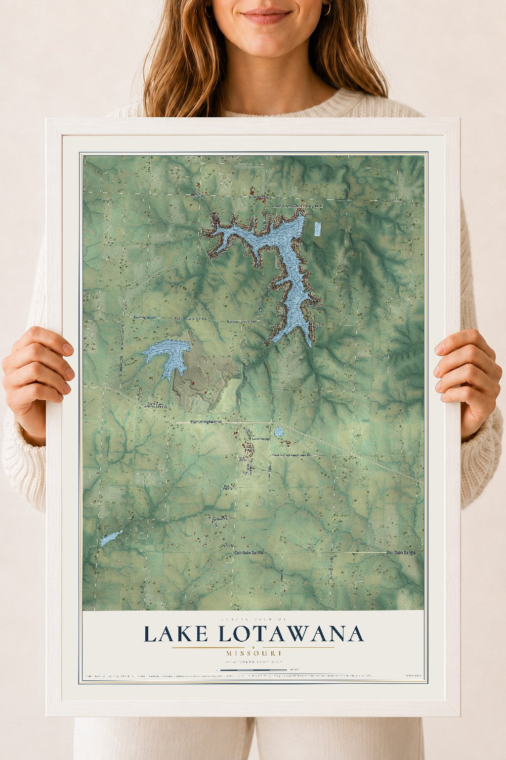 Map of Lake Lotawana, Missouri, 18 x 24 inch print in a white wood frame