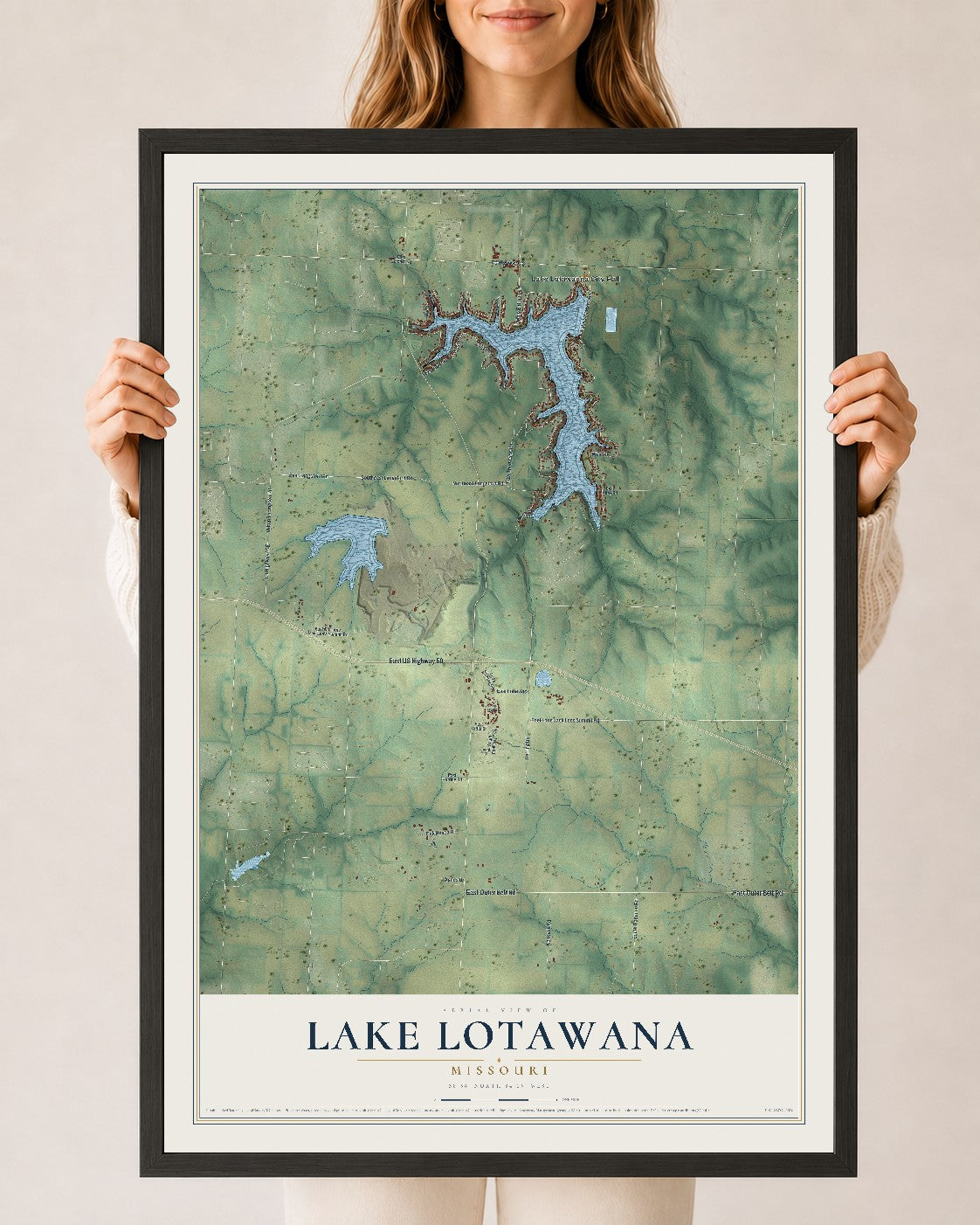 Map of Lake Lotawana, Missouri, 24 x 36 inch print in a black wood frame