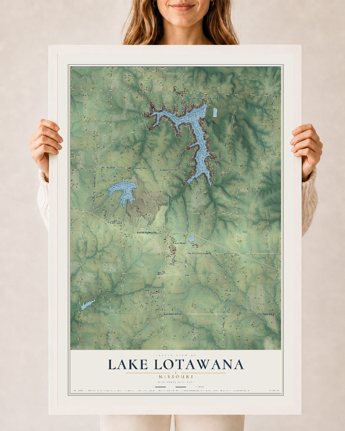Map of Lake Lotawana, Missouri, 24 x 36 inch print in a white wood frame