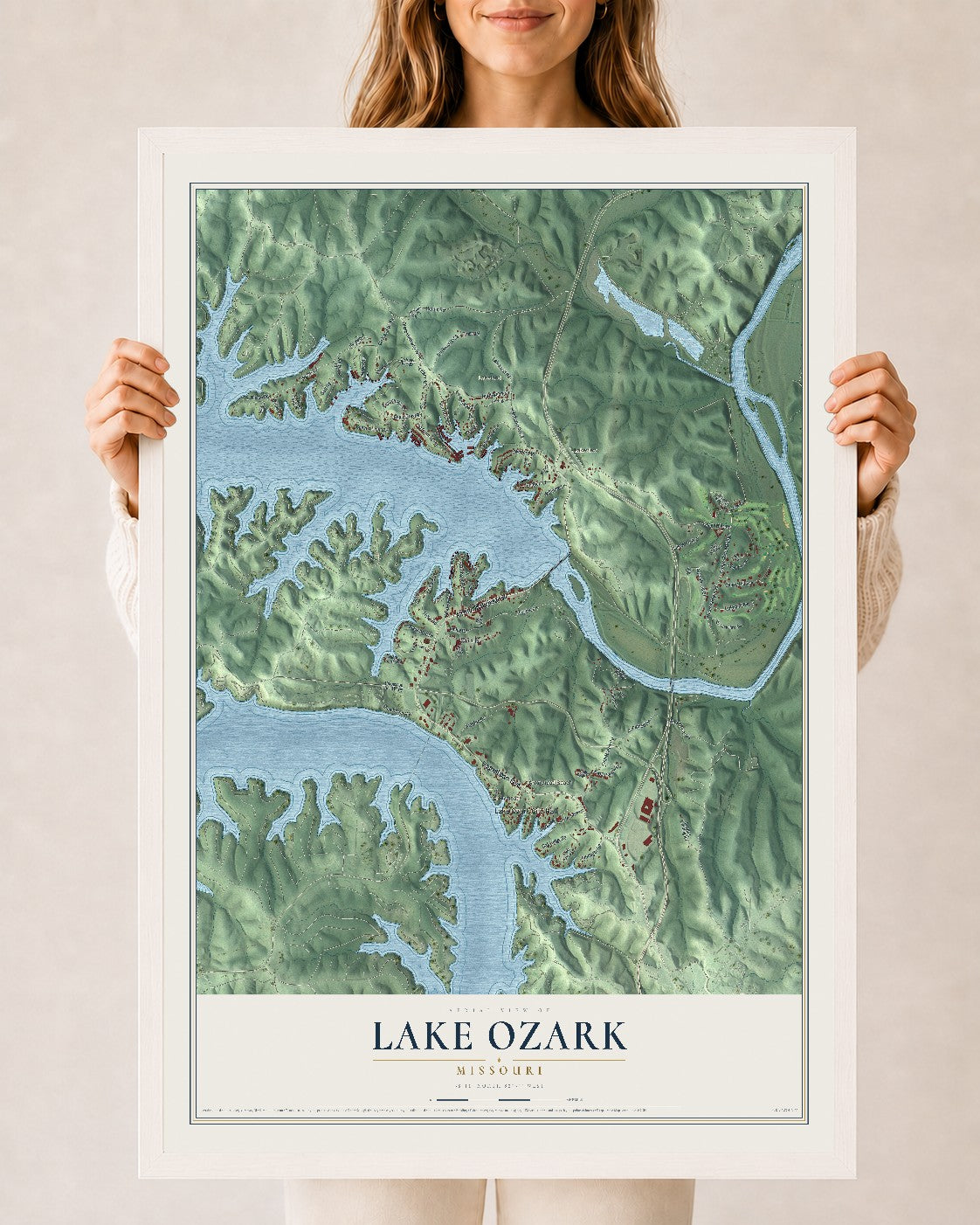 Map of Lake Ozark, Missouri, 24 x 36 inch print in a white wood frame