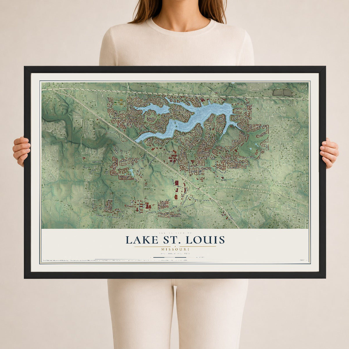 Map of Lake St. Louis, Missouri, 24 x 36 inch print in a black wood frame
