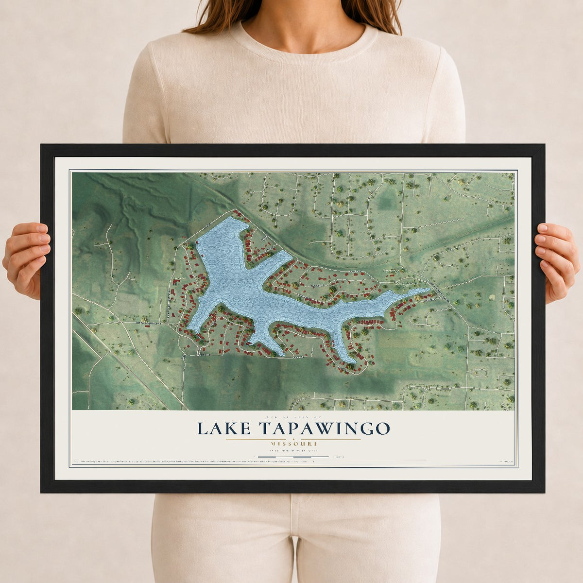 Map of Lake Tapawingo, Missouri, 12 x 18 inch print in a black wood frame