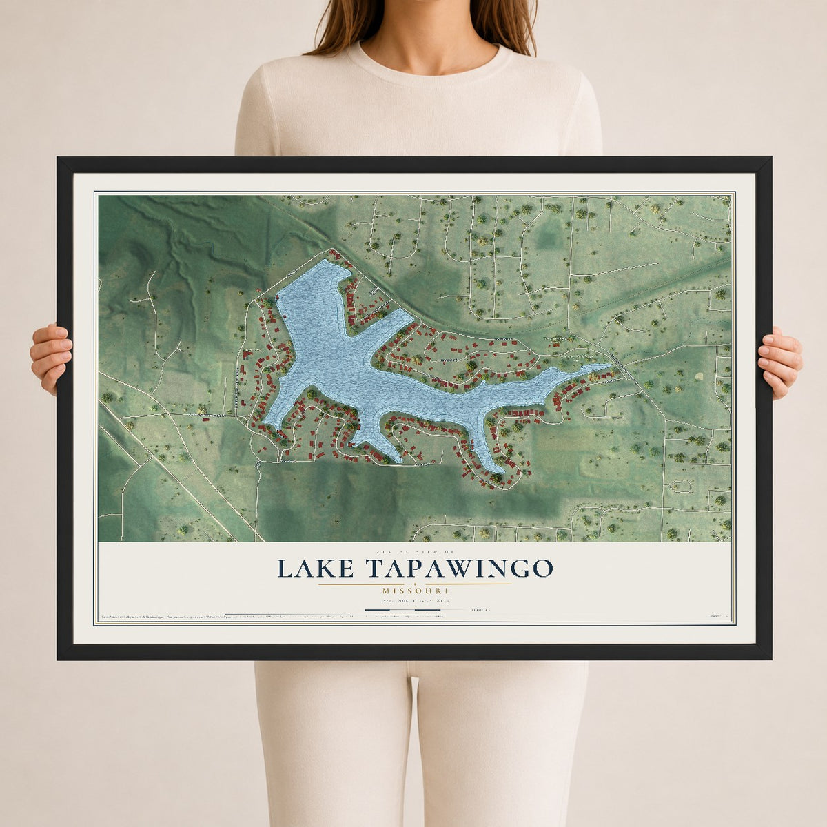 Map of Lake Tapawingo, Missouri, 24 x 36 inch print in a black wood frame