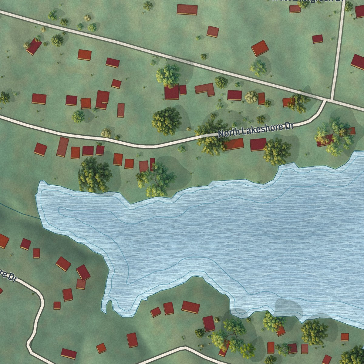 Close-up of the map of Lake Tekakwitha, Missouri print showing street and building detail