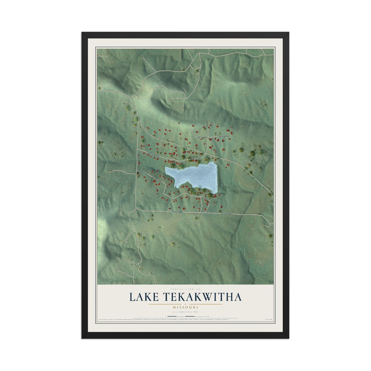 Map of Lake Tekakwitha, Missouri, 12 x 18 inch print in a black wood frame