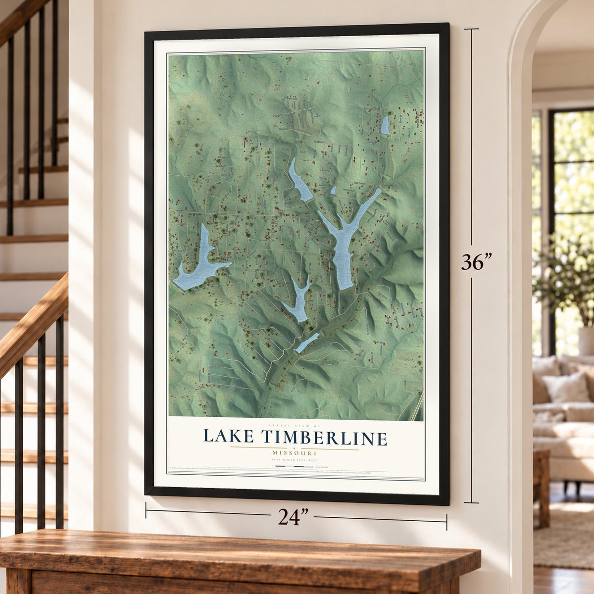 Lake Timberline, Missouri map, 24 x 36 inch print in a black frame by a staircase