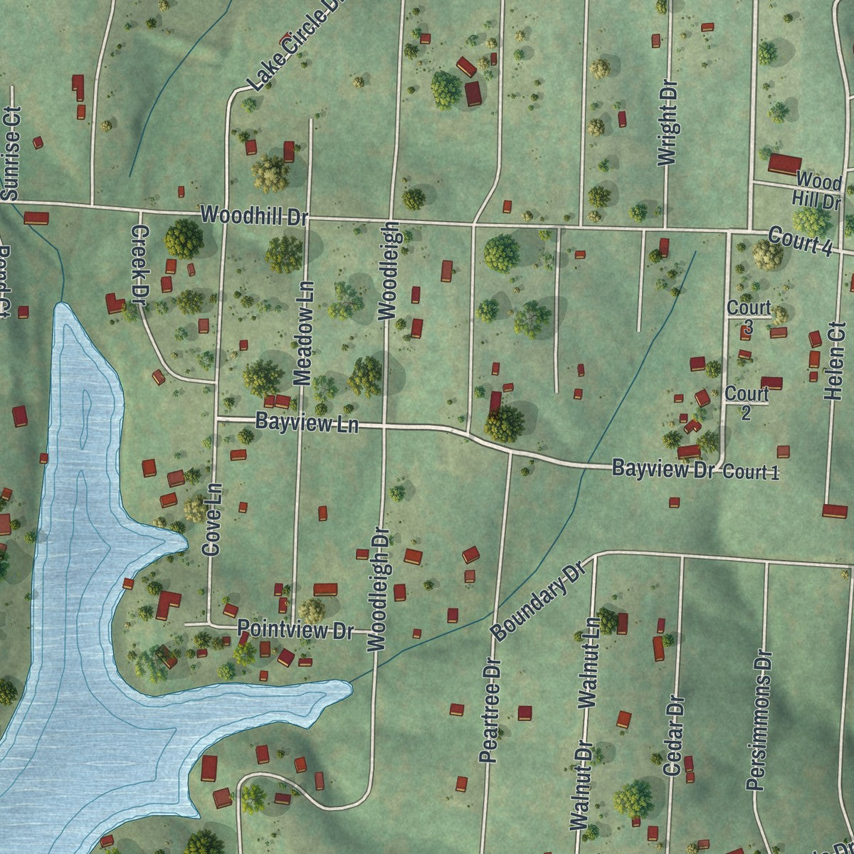 Close-up of the map of Lake Timberline, Missouri print showing street and building detail