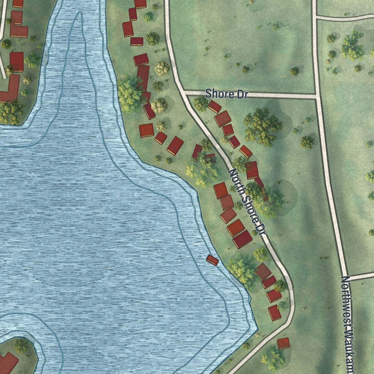 Second close-up of the map of Lake Waukomis, Missouri print showing more streets and buildings