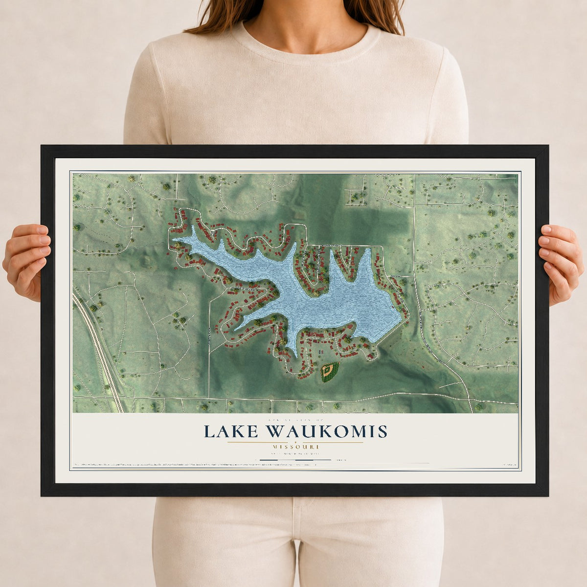 Map of Lake Waukomis, Missouri, 12 x 18 inch print in a black wood frame