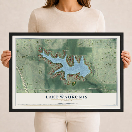 Map of Lake Waukomis, Missouri, 12 x 18 inch print in a black wood frame