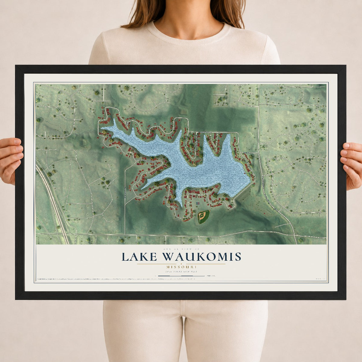 Map of Lake Waukomis, Missouri, 18 x 24 inch print in a black wood frame