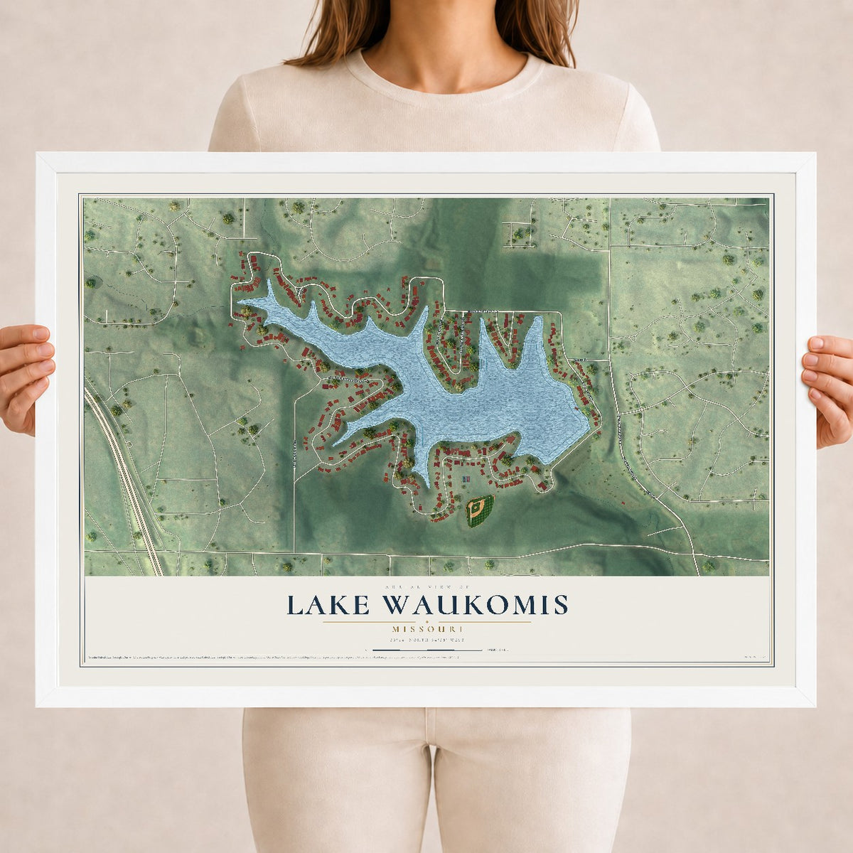 Map of Lake Waukomis, Missouri, 18 x 24 inch print in a white wood frame