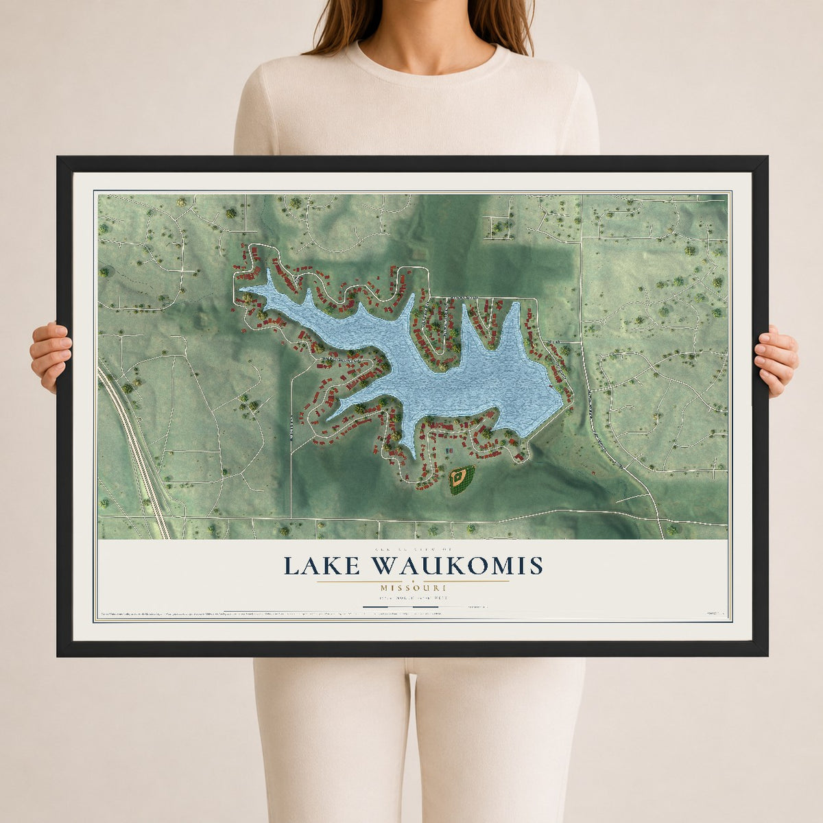 Map of Lake Waukomis, Missouri, 24 x 36 inch print in a black wood frame