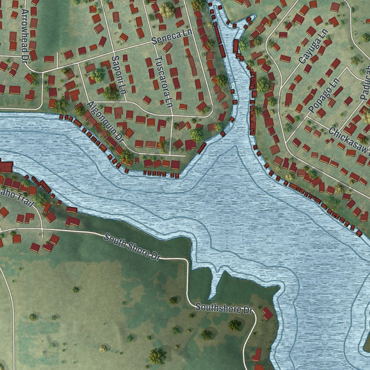 Close-up of the map of Lake Winnebago, Missouri print showing street and building detail