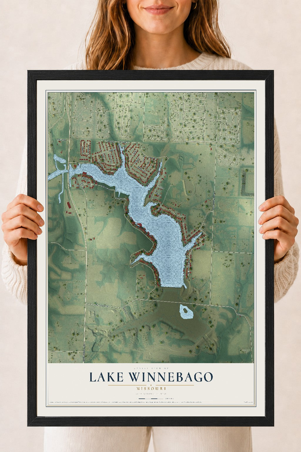 Map of Lake Winnebago, Missouri, 18 x 24 inch print in a black wood frame