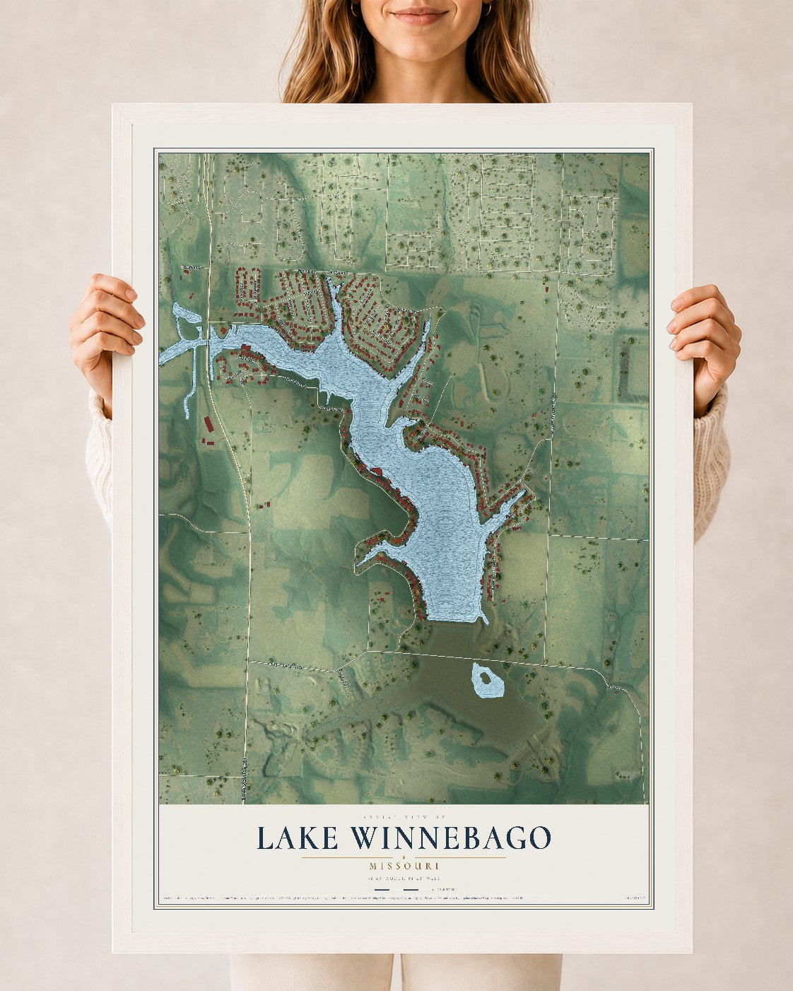Map of Lake Winnebago, Missouri, 24 x 36 inch print in a white wood frame