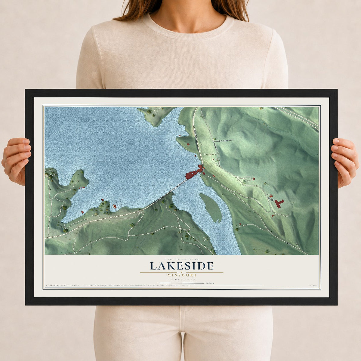 Map of Lakeside, Missouri, 12 x 18 inch print in a black wood frame
