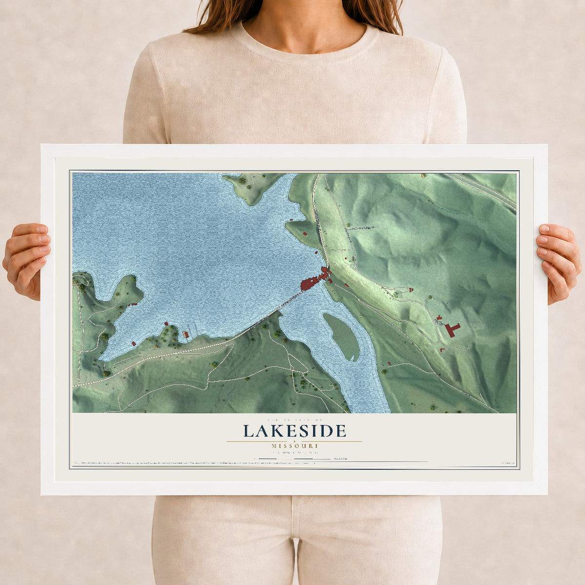 Map of Lakeside, Missouri, 12 x 18 inch print in a white wood frame