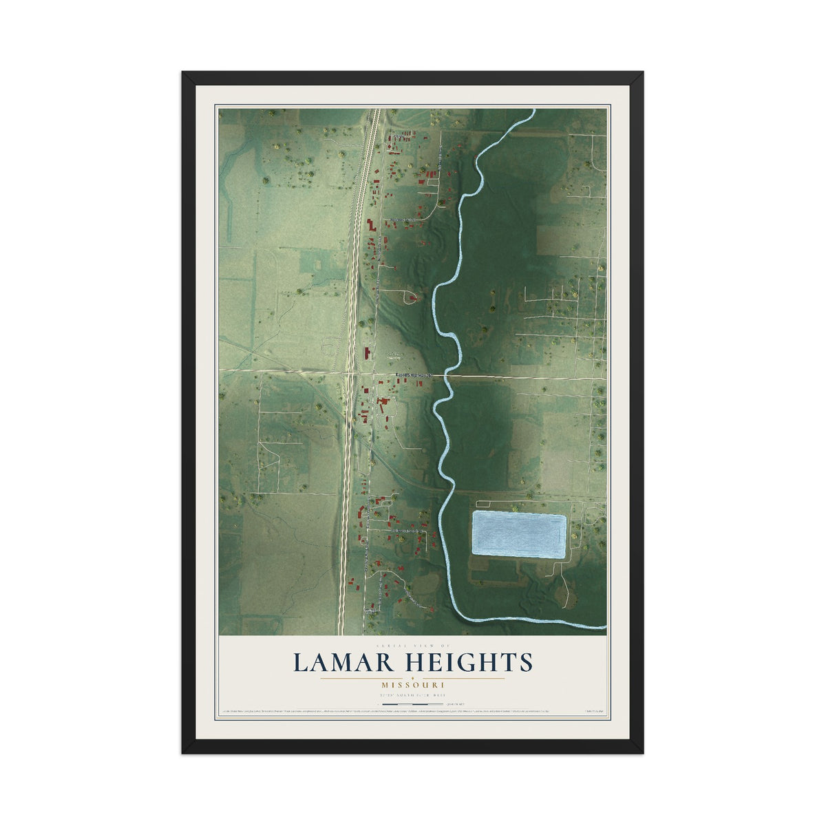 Map of Lamar Heights, Missouri, 12 x 18 inch print in a black wood frame