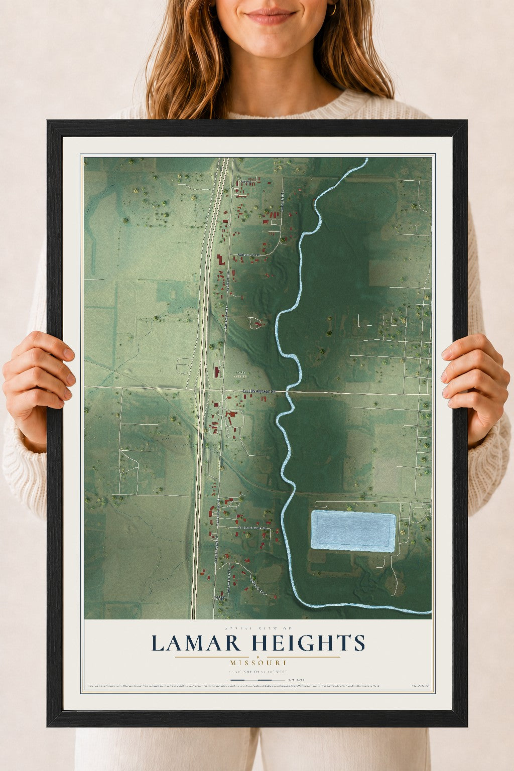 Map of Lamar Heights, Missouri, 18 x 24 inch print in a black wood frame