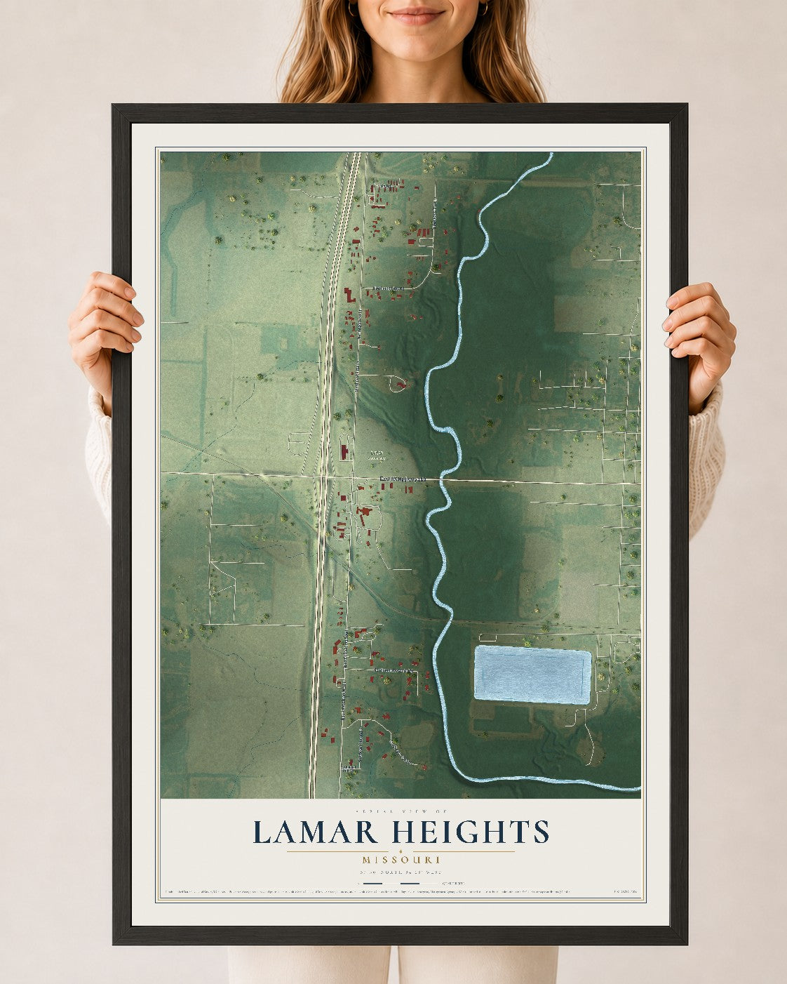 Map of Lamar Heights, Missouri, 24 x 36 inch print in a black wood frame