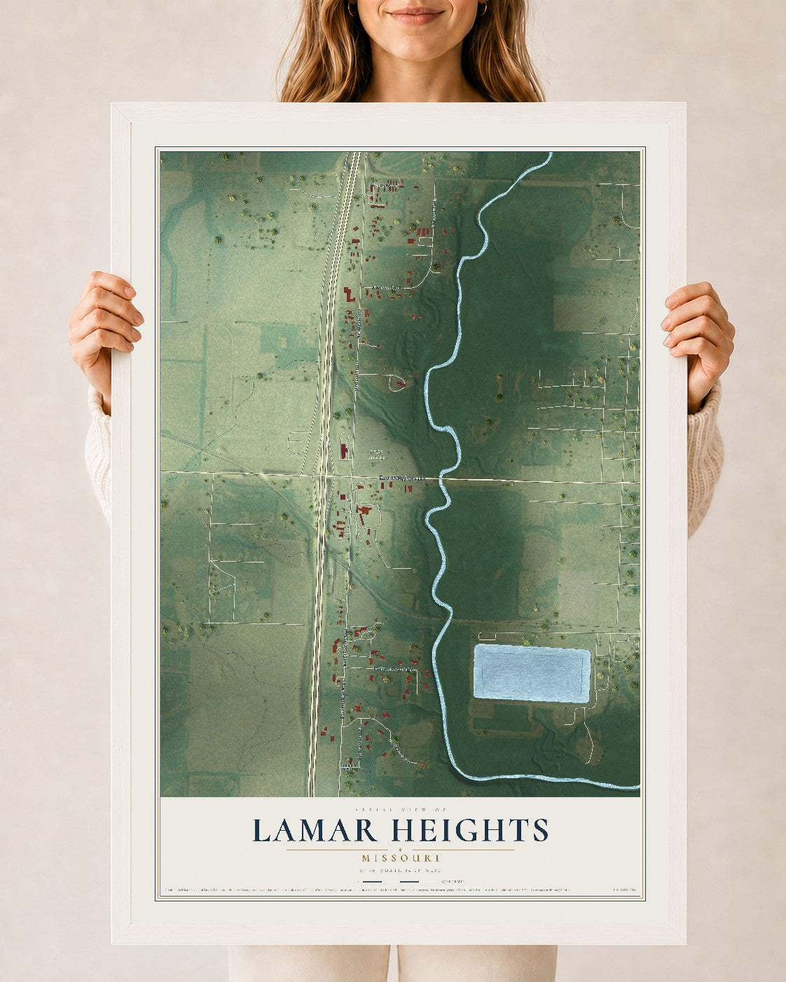 Map of Lamar Heights, Missouri, 24 x 36 inch print in a white wood frame