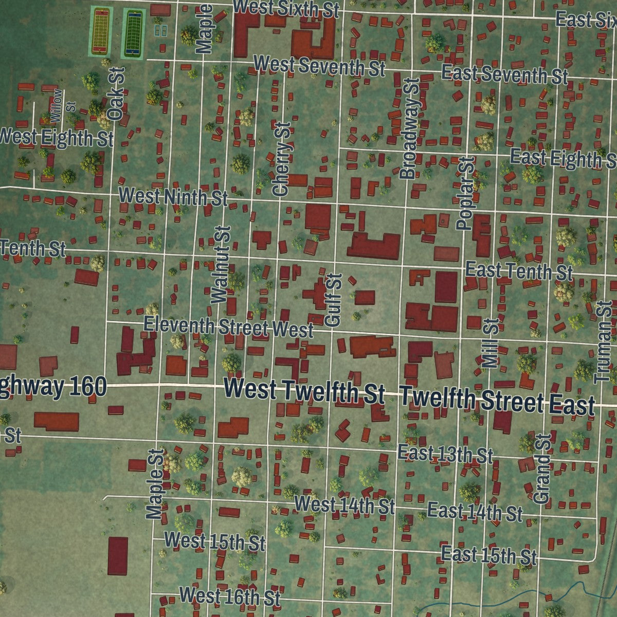 Close-up of the map of Lamar, Missouri print showing street and building detail