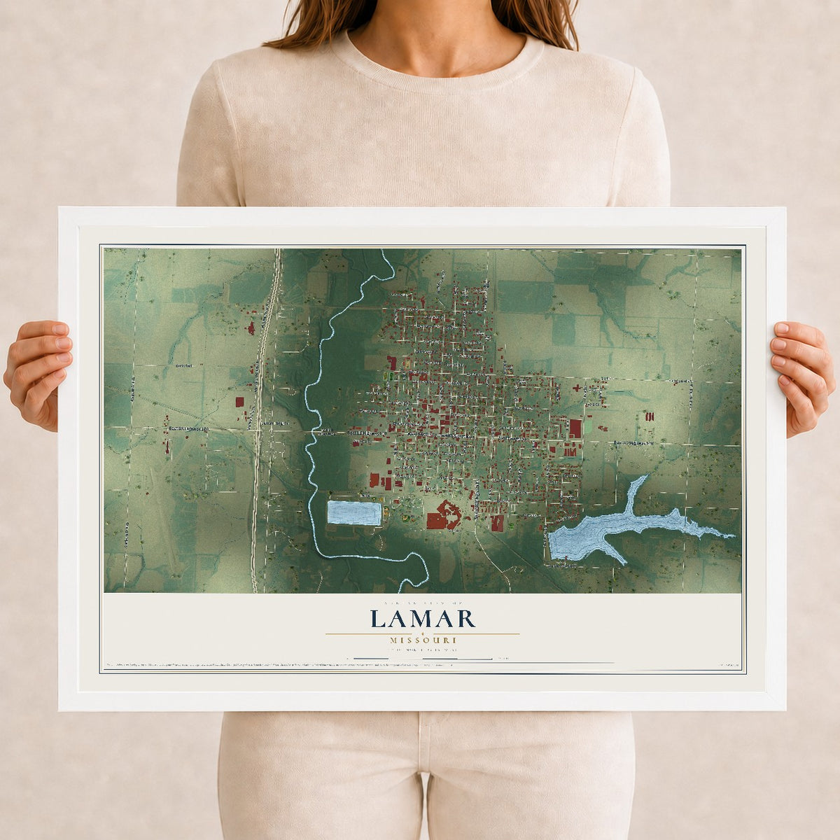 Map of Lamar, Missouri, 12 x 18 inch print in a white wood frame