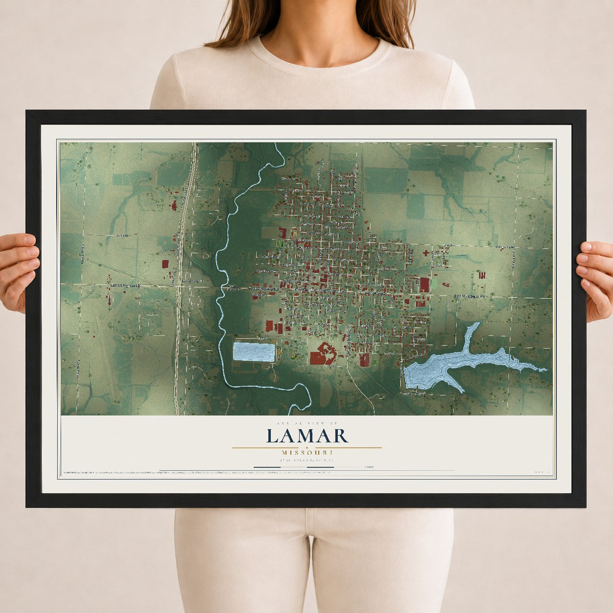 Map of Lamar, Missouri, 18 x 24 inch print in a black wood frame