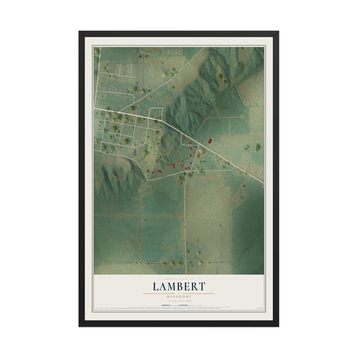 Map of Lambert, Missouri, 12 x 18 inch print in a black wood frame