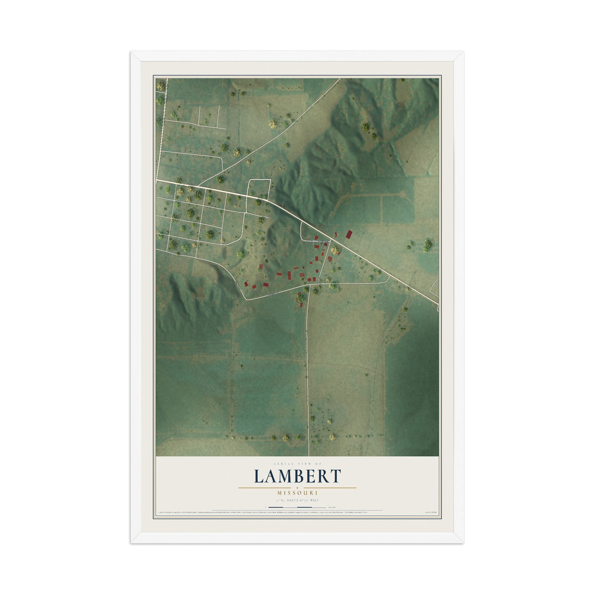 Map of Lambert, Missouri, 12 x 18 inch print in a white wood frame