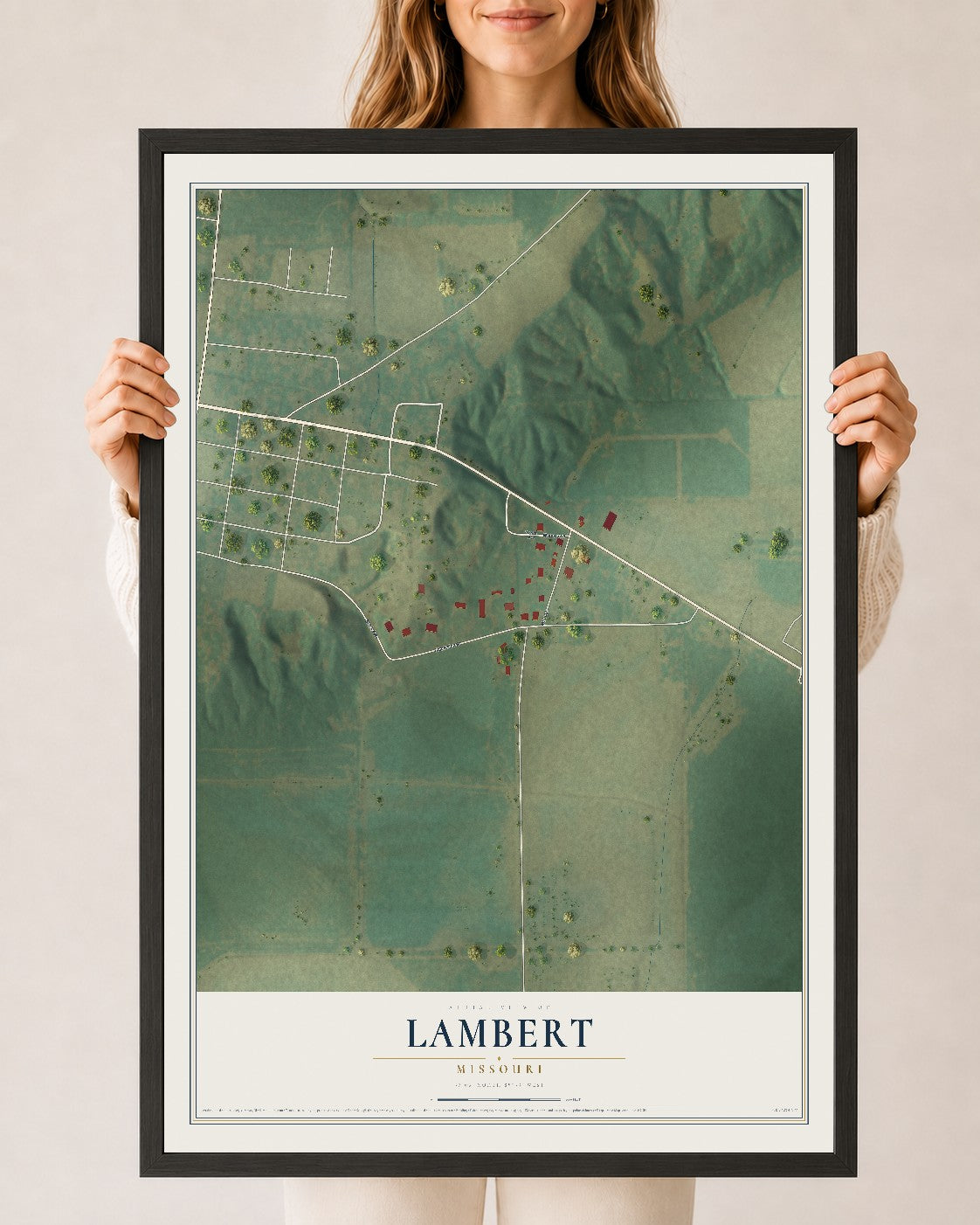 Map of Lambert, Missouri, 24 x 36 inch print in a black wood frame