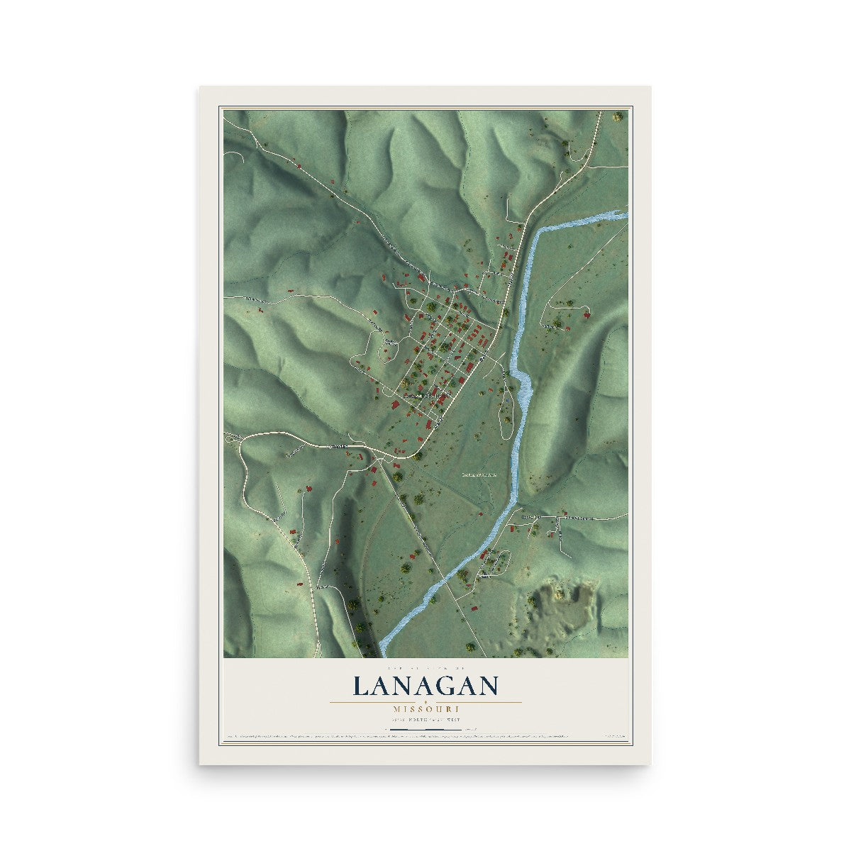 Map of Lanagan, Missouri, 12 x 18 inch unframed archival matte print
