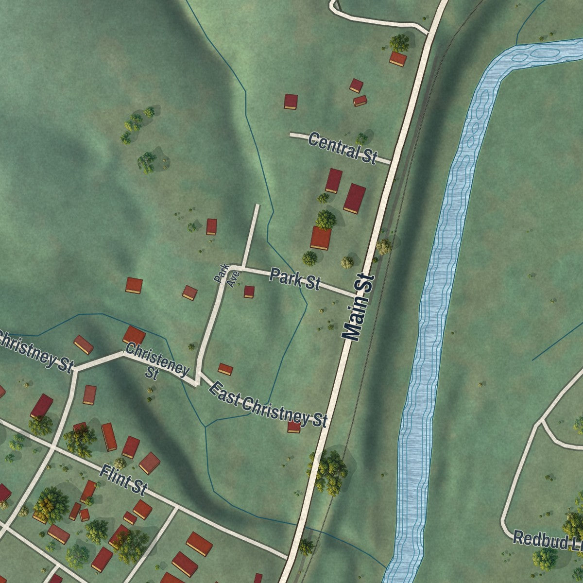 Second close-up of the map of Lanagan, Missouri print showing more streets and buildings