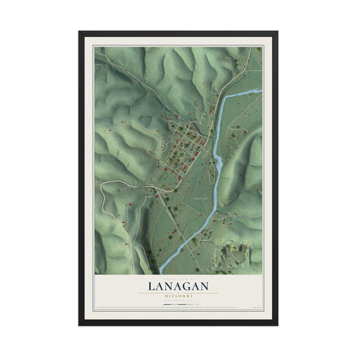 Map of Lanagan, Missouri, 12 x 18 inch print in a black wood frame