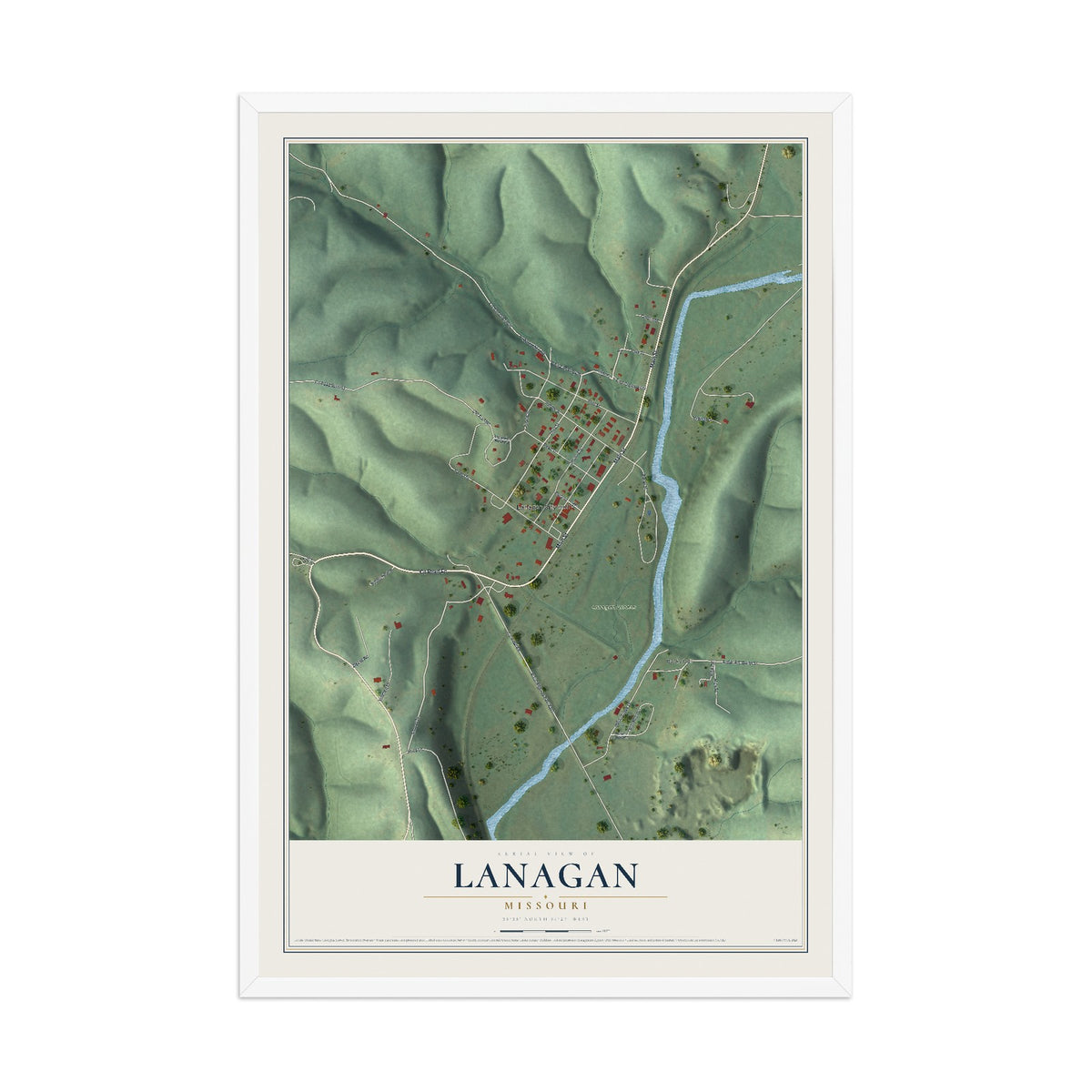 Map of Lanagan, Missouri, 12 x 18 inch print in a white wood frame