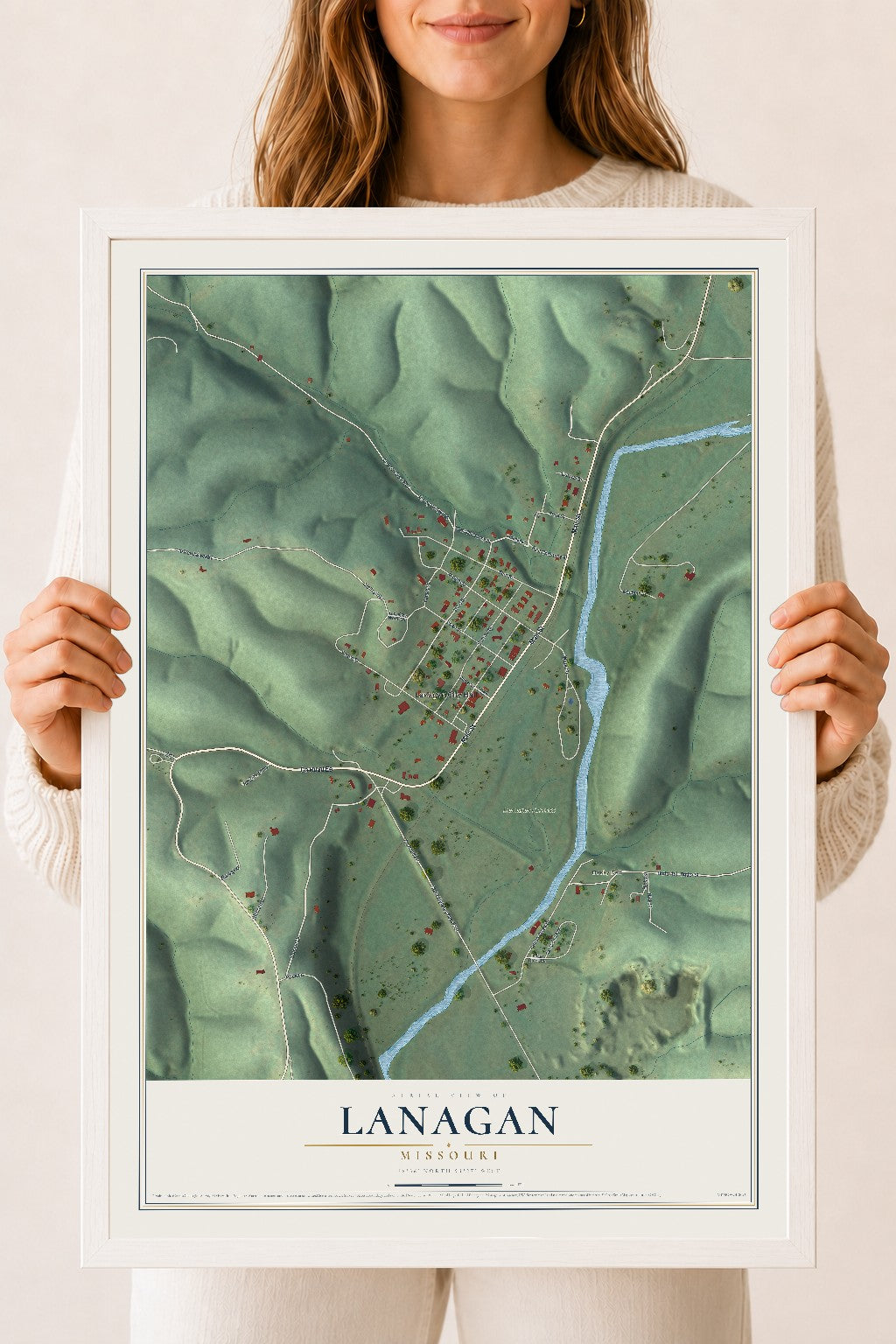 Map of Lanagan, Missouri, 18 x 24 inch print in a white wood frame