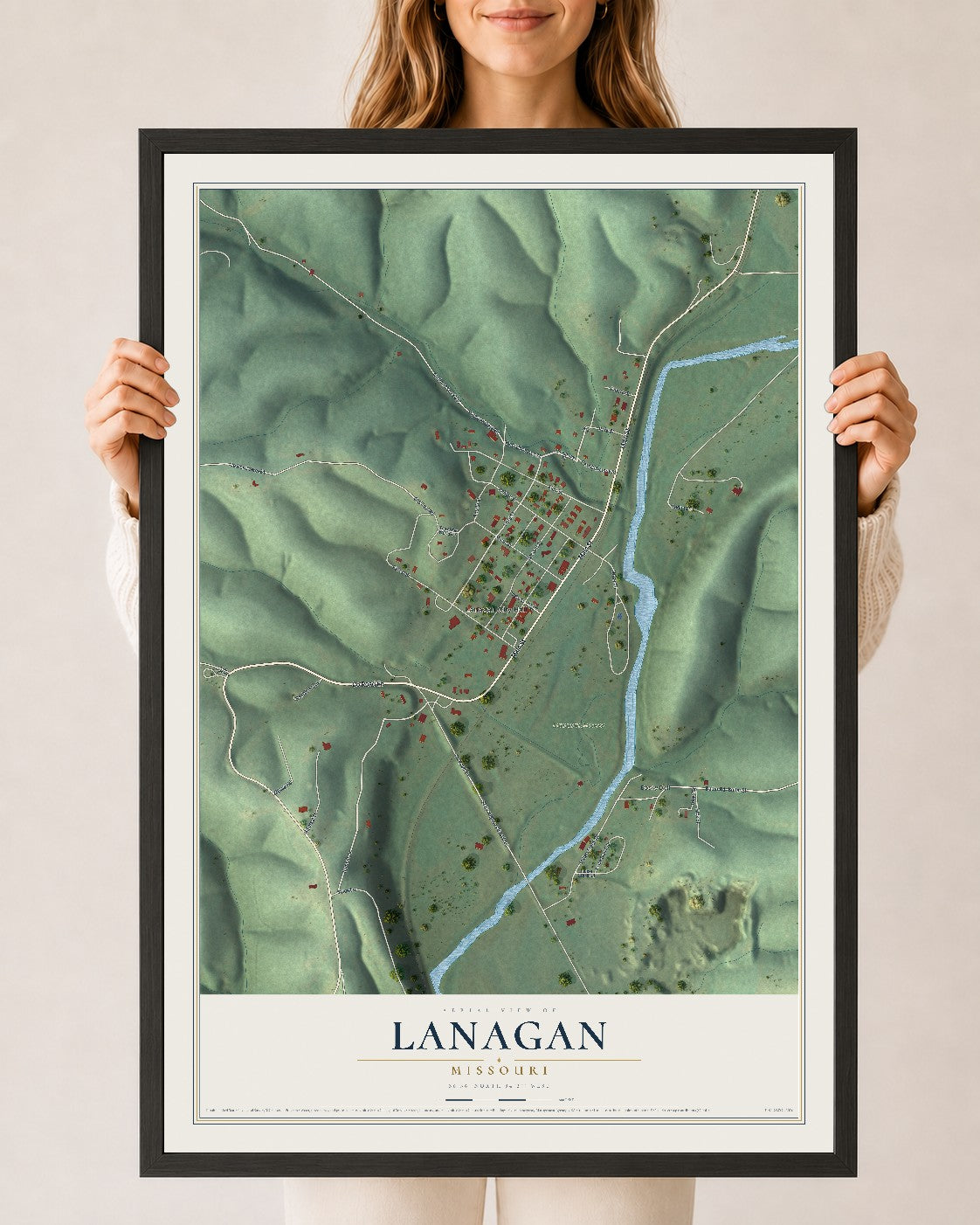 Map of Lanagan, Missouri, 24 x 36 inch print in a black wood frame