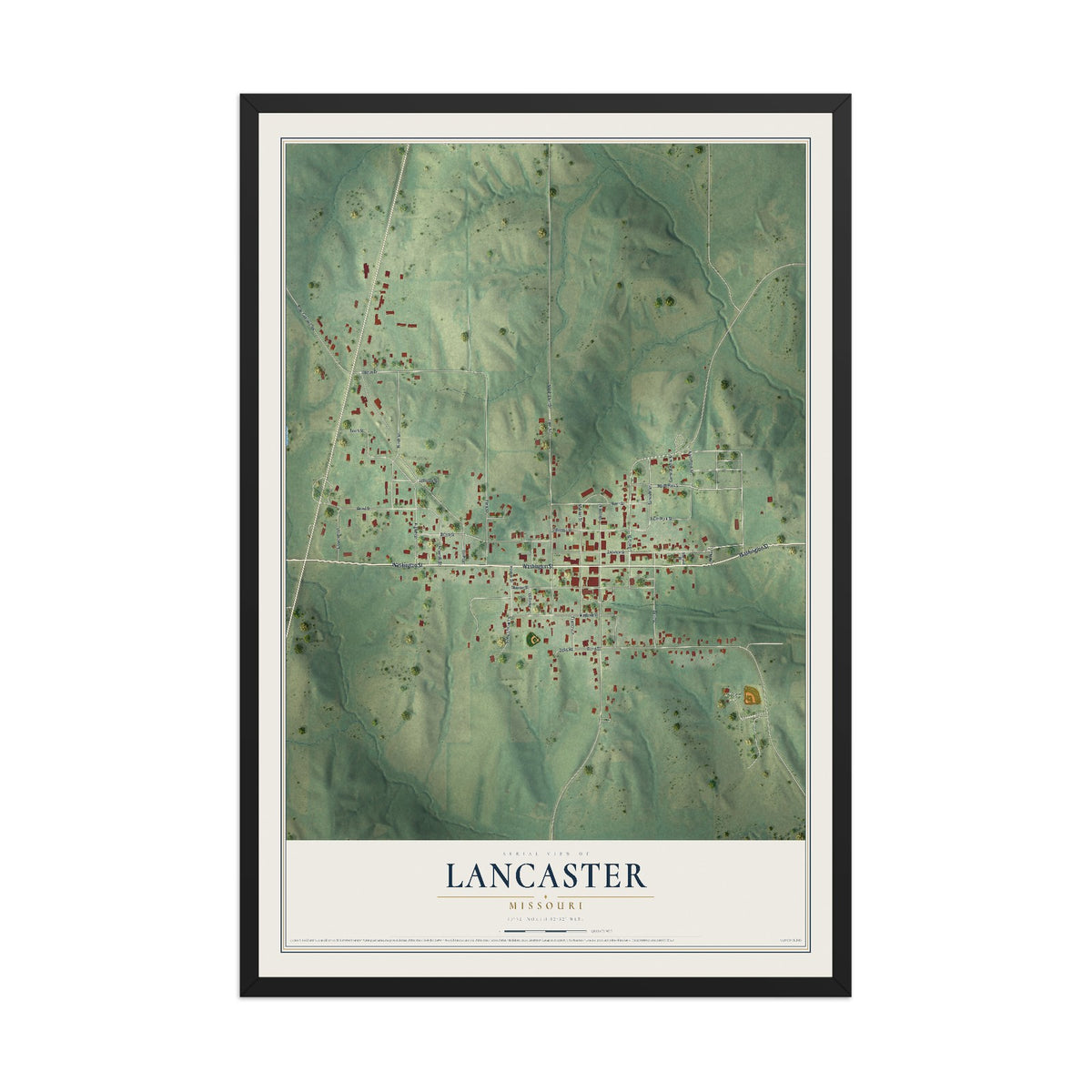 Map of Lancaster, Missouri, 12 x 18 inch print in a black wood frame