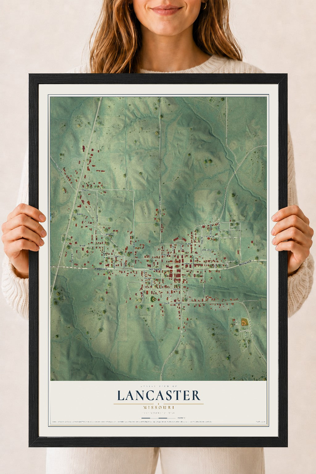 Map of Lancaster, Missouri, 18 x 24 inch print in a black wood frame