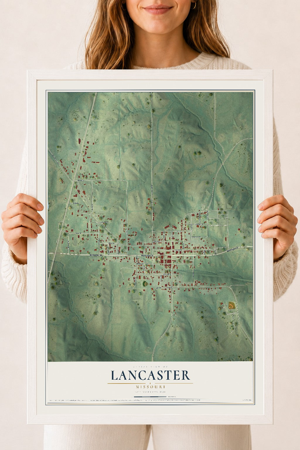 Map of Lancaster, Missouri, 18 x 24 inch print in a white wood frame