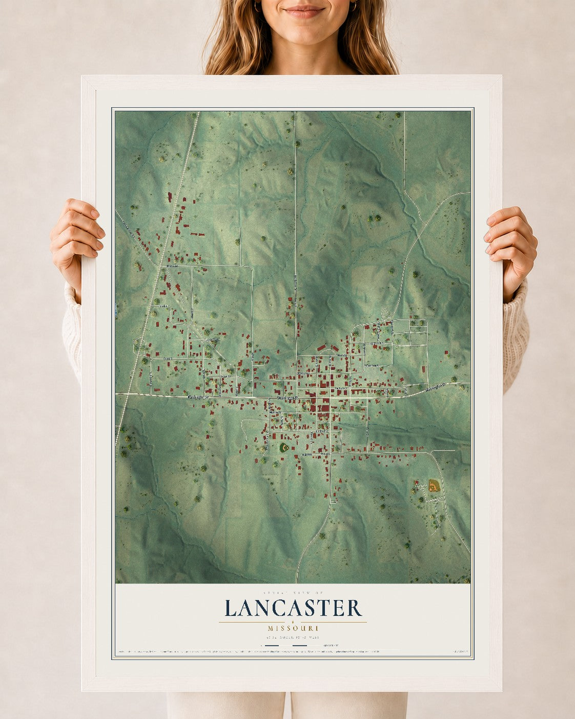 Map of Lancaster, Missouri, 24 x 36 inch print in a white wood frame