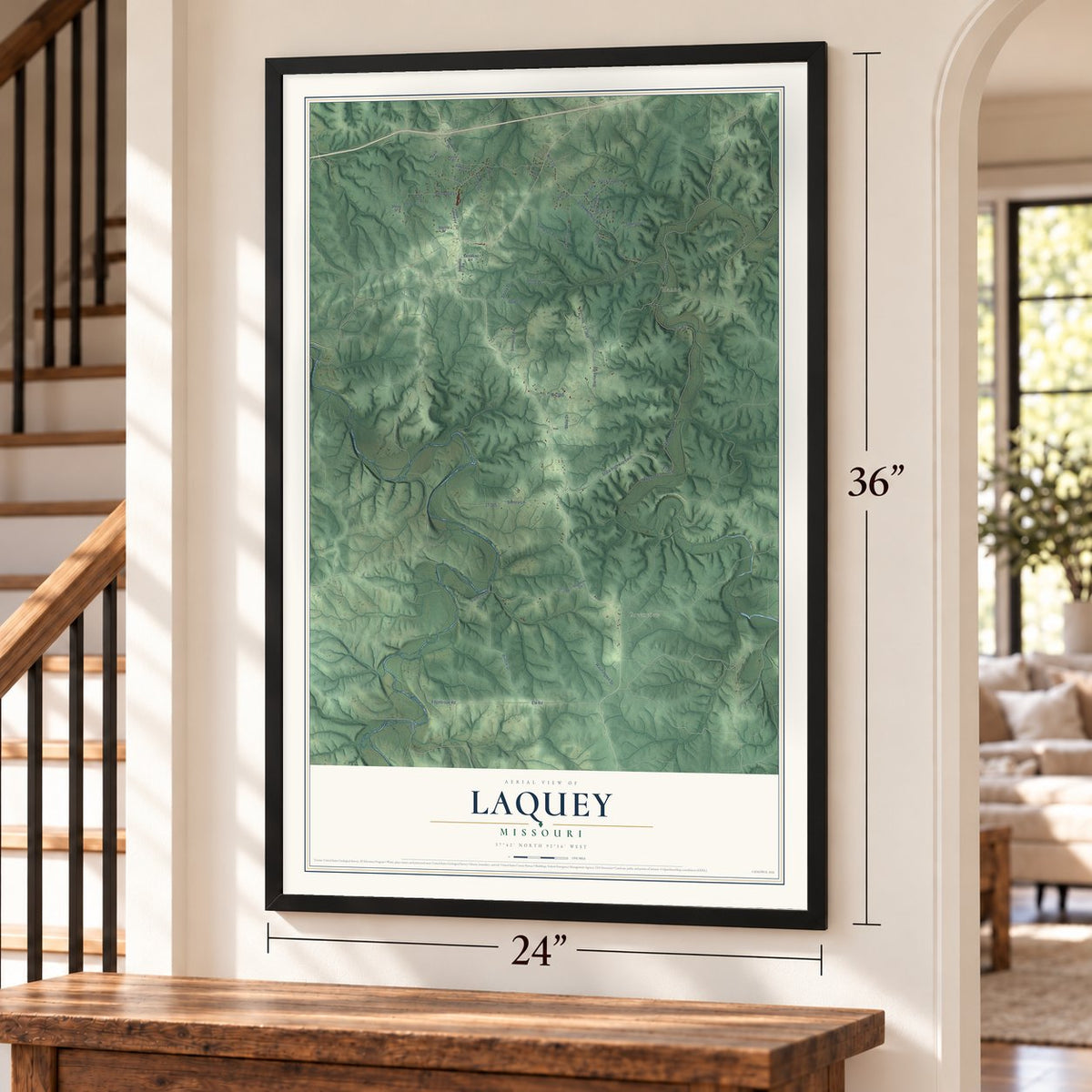 Laquey, Missouri map, 24 x 36 inch print in a black frame by a staircase