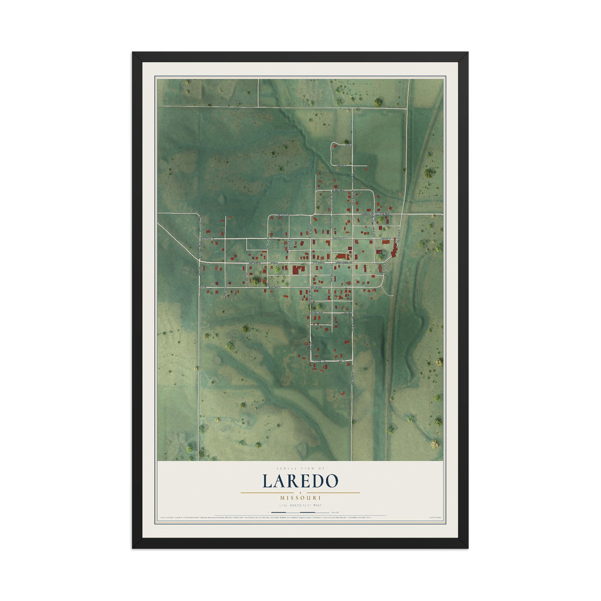 Map of Laredo, Missouri, 12 x 18 inch print in a black wood frame
