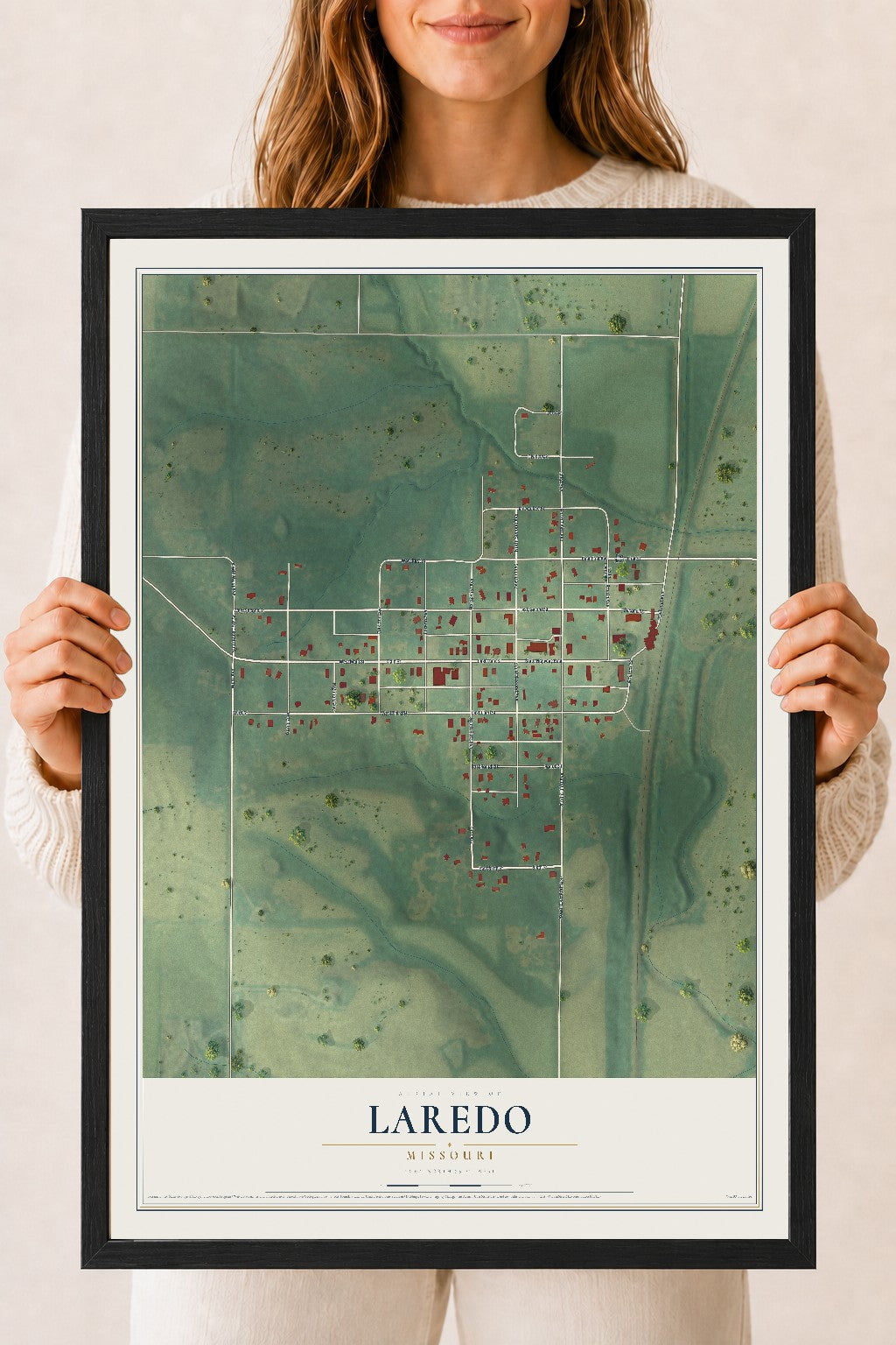 Map of Laredo, Missouri, 18 x 24 inch print in a black wood frame