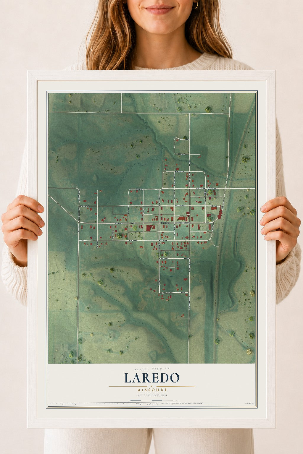 Map of Laredo, Missouri, 18 x 24 inch print in a white wood frame
