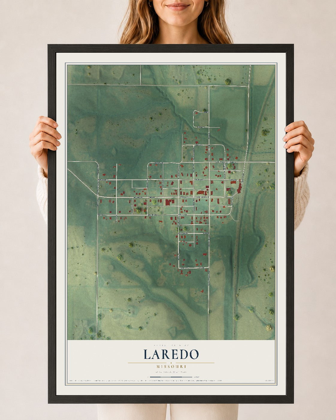 Map of Laredo, Missouri, 24 x 36 inch print in a black wood frame