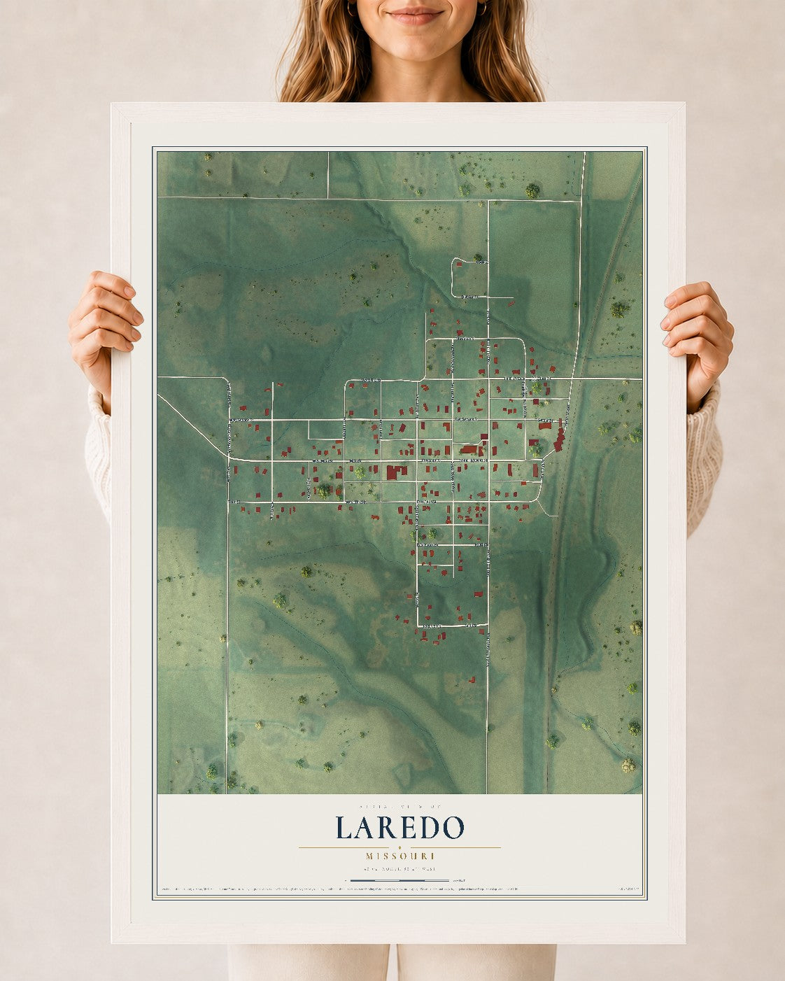 Map of Laredo, Missouri, 24 x 36 inch print in a white wood frame
